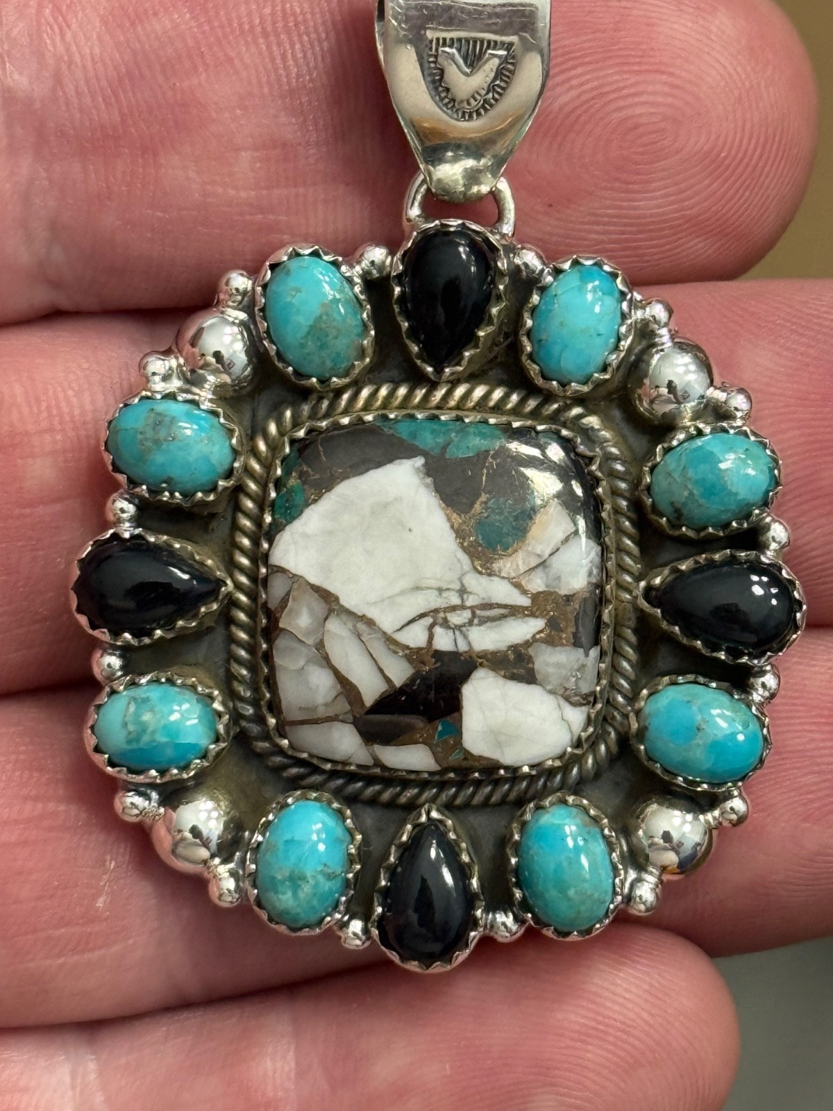 STERLING SILVER TURQUOISE WHITE BUFFALO MIX ONYX BIG CLUSTER DOME PENDANT .925
