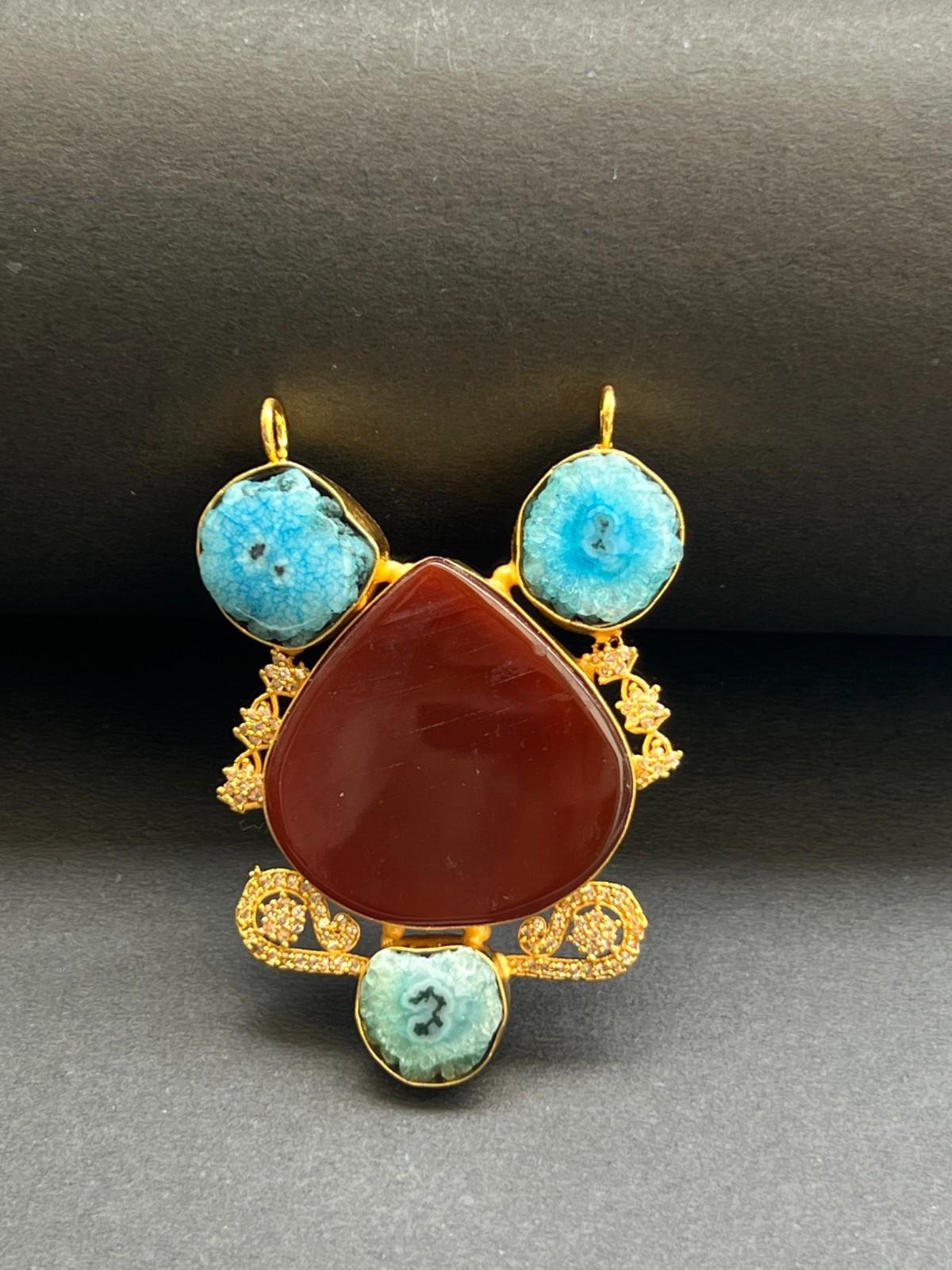 Designer Pendant Red Agate & Blue Druzy | Gold Plated Luxury Statement Jewelry