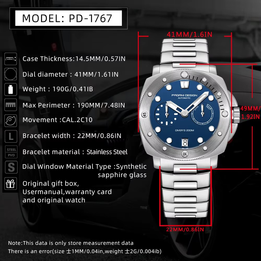 PAGANI DESIGN Automatic Dive Watch Stainless Steel Sapphire Luminous Men’s