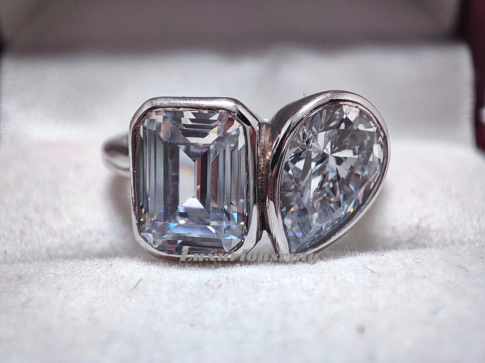 925 Starling Silver White Moissanite Toi Et Moi Ring, Two Stone Bezel Set Ring