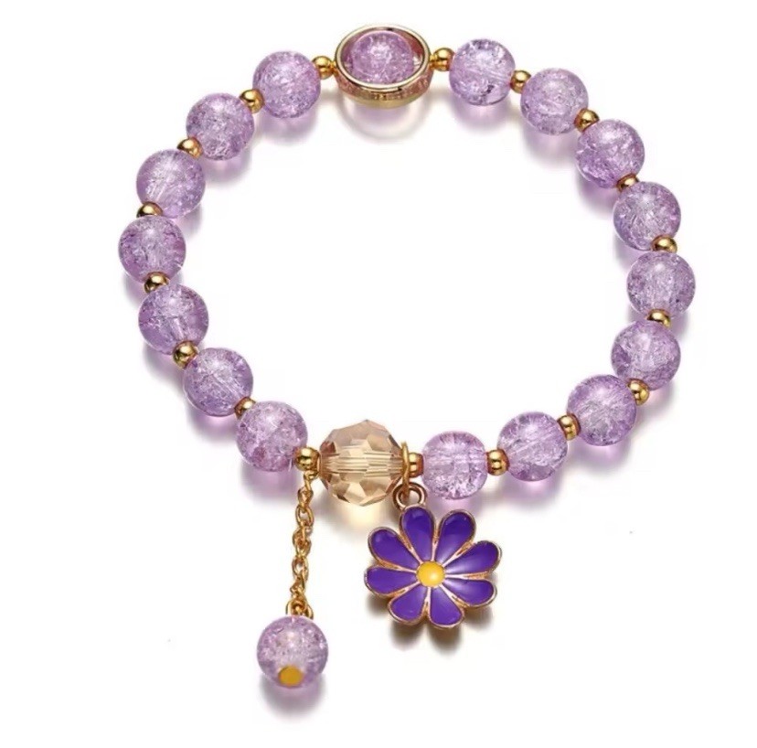 Purple Crystal Round Beaded Stretch Bracelet with Flower Dangle Charm
