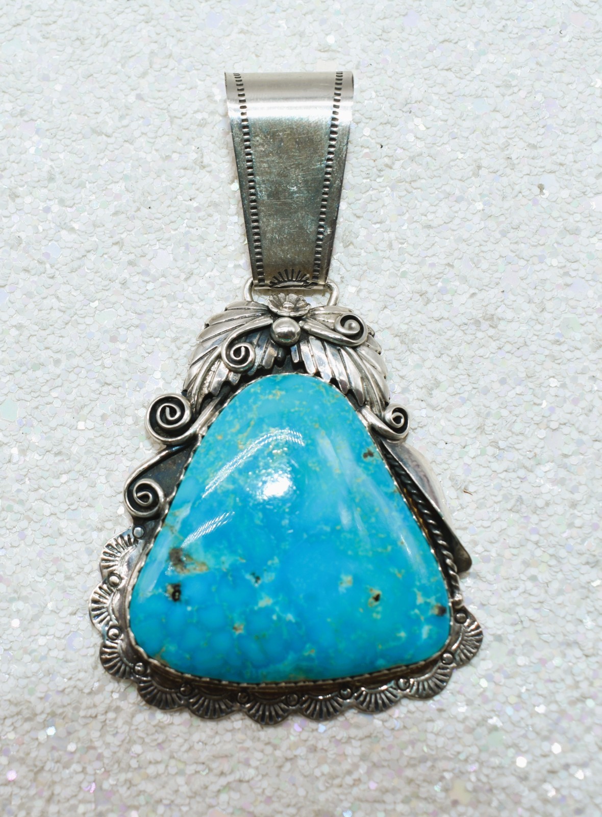 Navajo Turquoise Sterling Silver Leaves Design Large Pendant signed OD 3-1/4 in