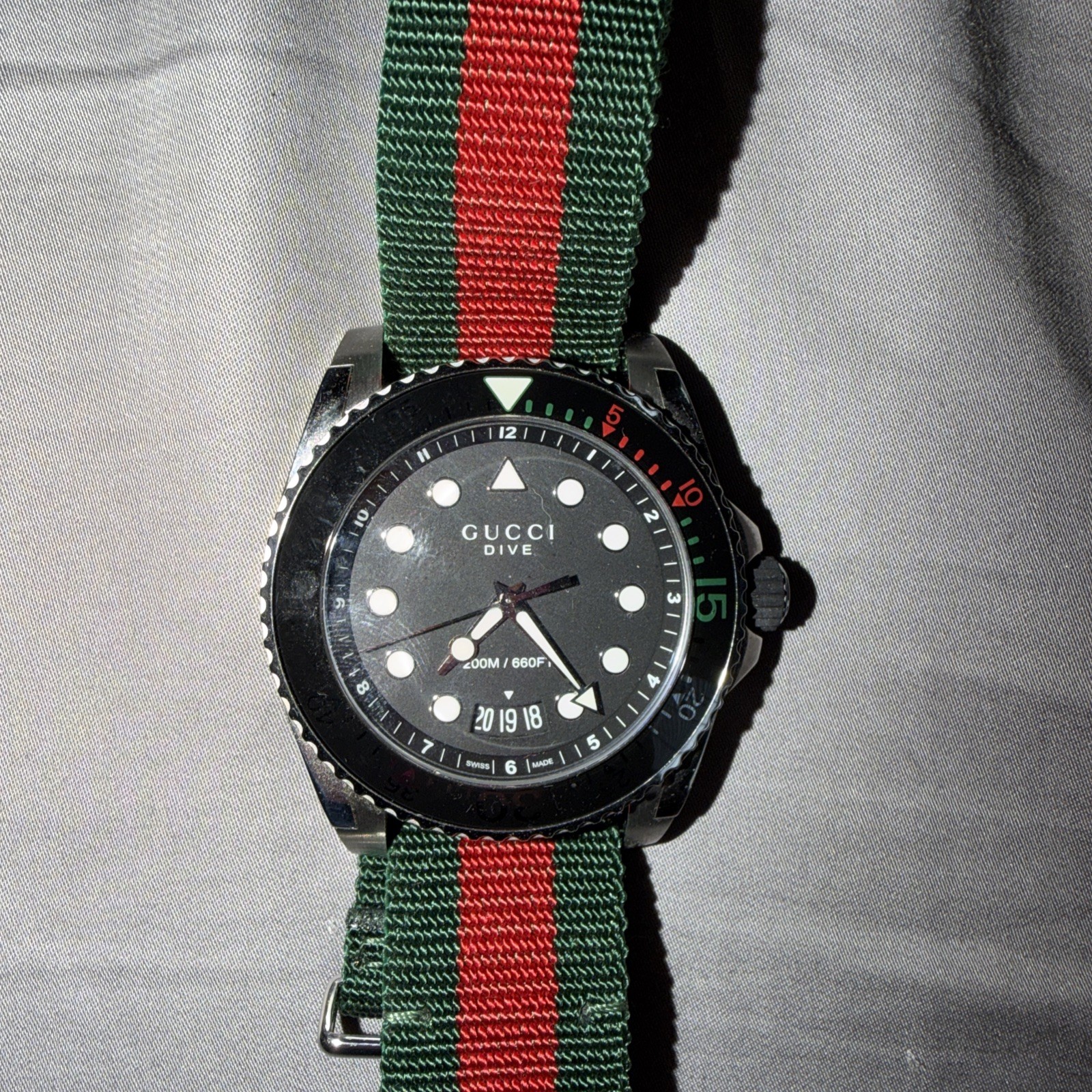 Gucci Dive 45mm Black Matte Dial Green Red Web Nylon Watch YA136209