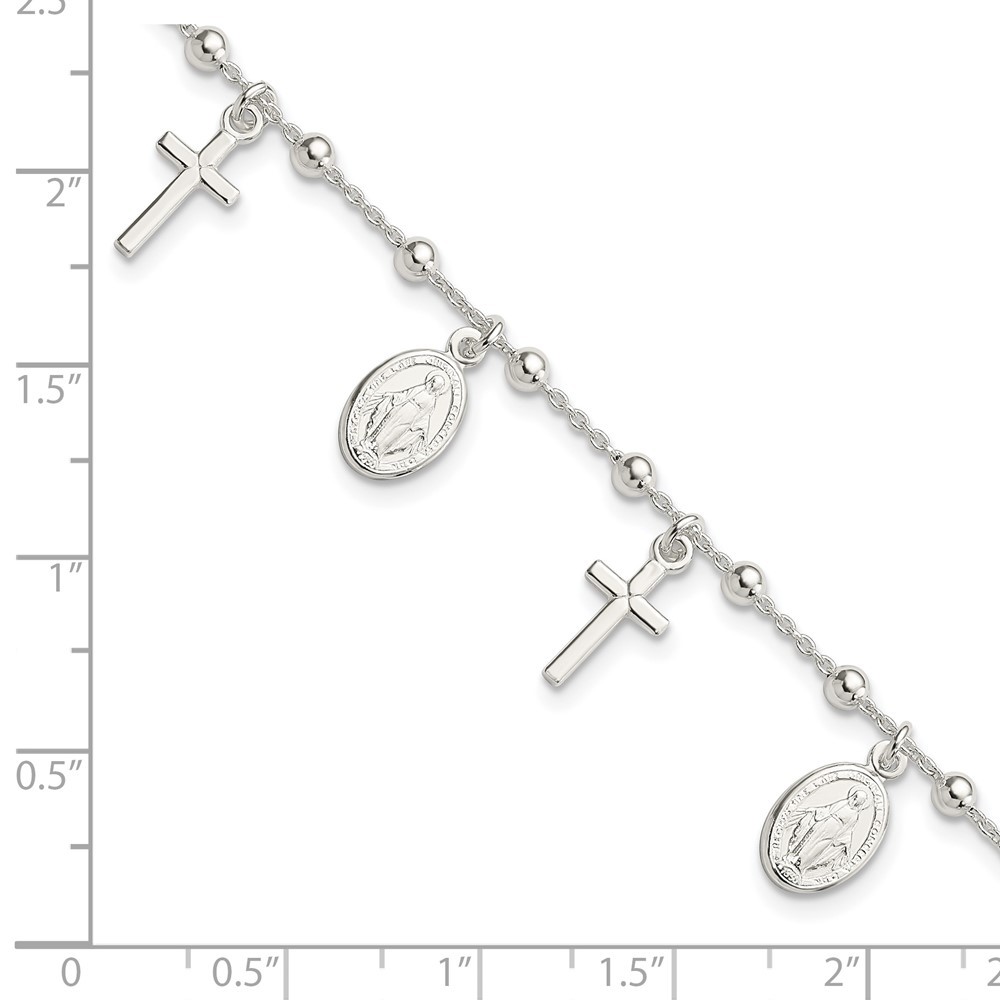 Sterling Silver Polished Cross Miraculous Medal Bracelet 6.25″ w/1in ext. 4.7gm
