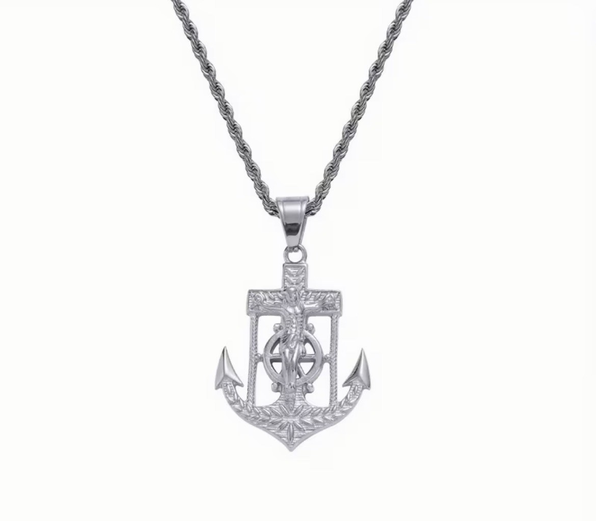 Silver Anchor Charm Pendant Necklace, Rope Chain, Nautical Theme, No Stone