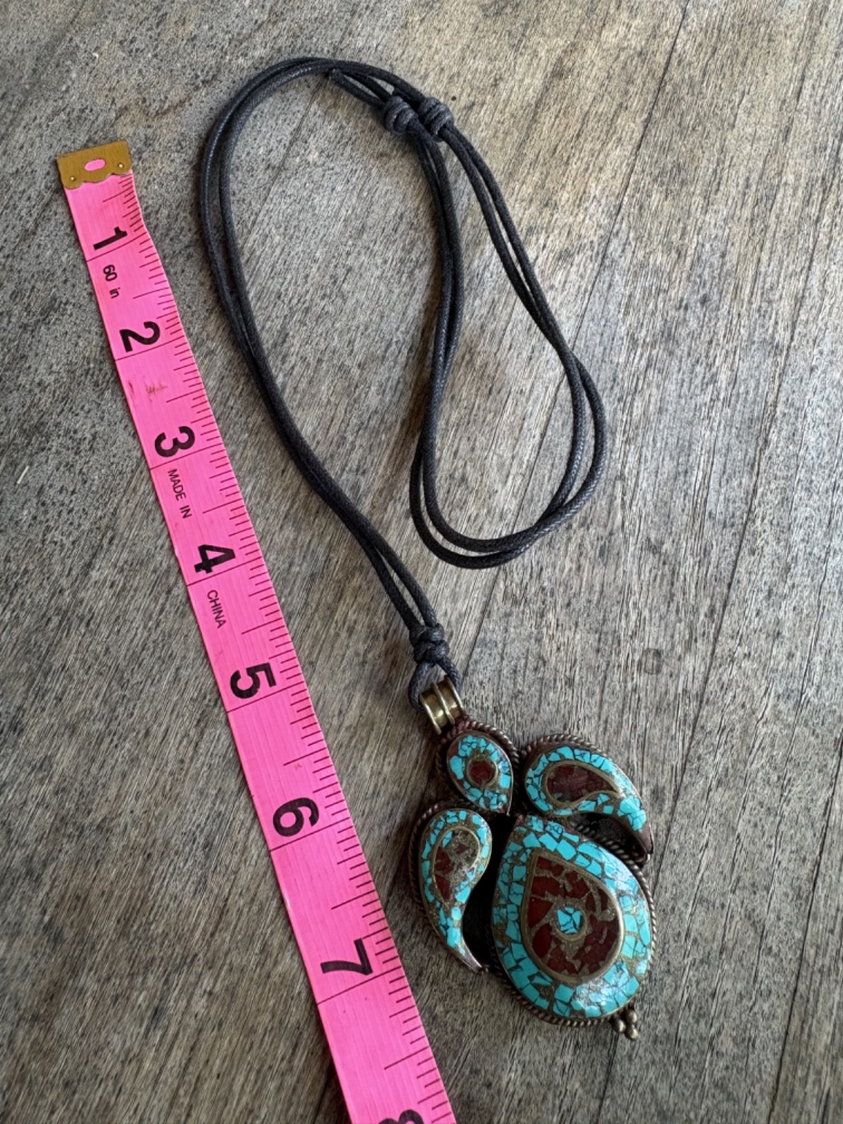 Turquoise and Coral Vintage Brass Nepalese Tibetan Pendant Necklace 26.6 grams