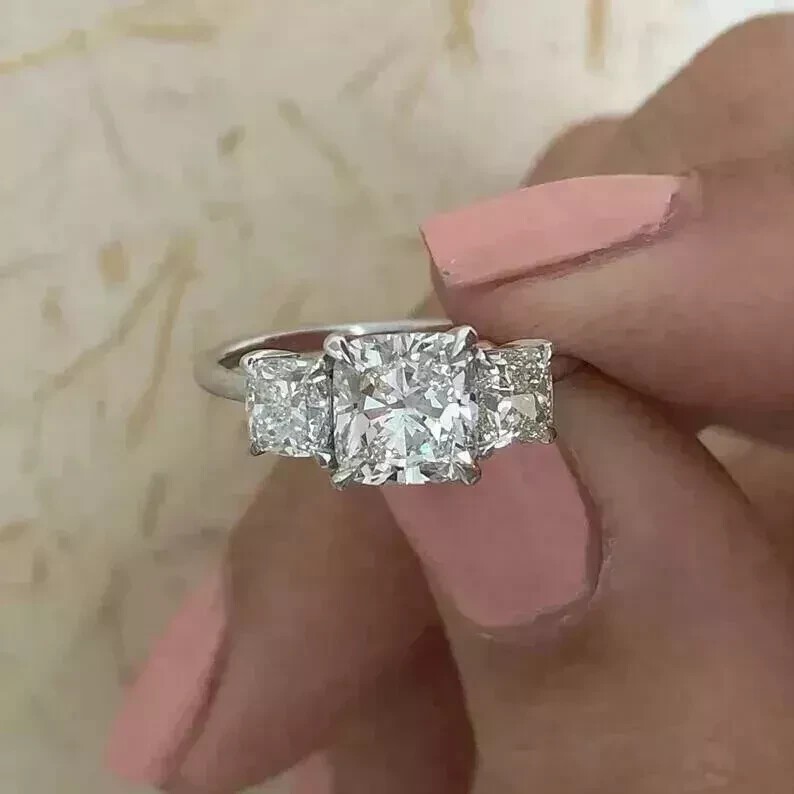 4 Ctw Cushion Cut Created Diamond 3-Stone Engagement Ring 14k White Gold Plated