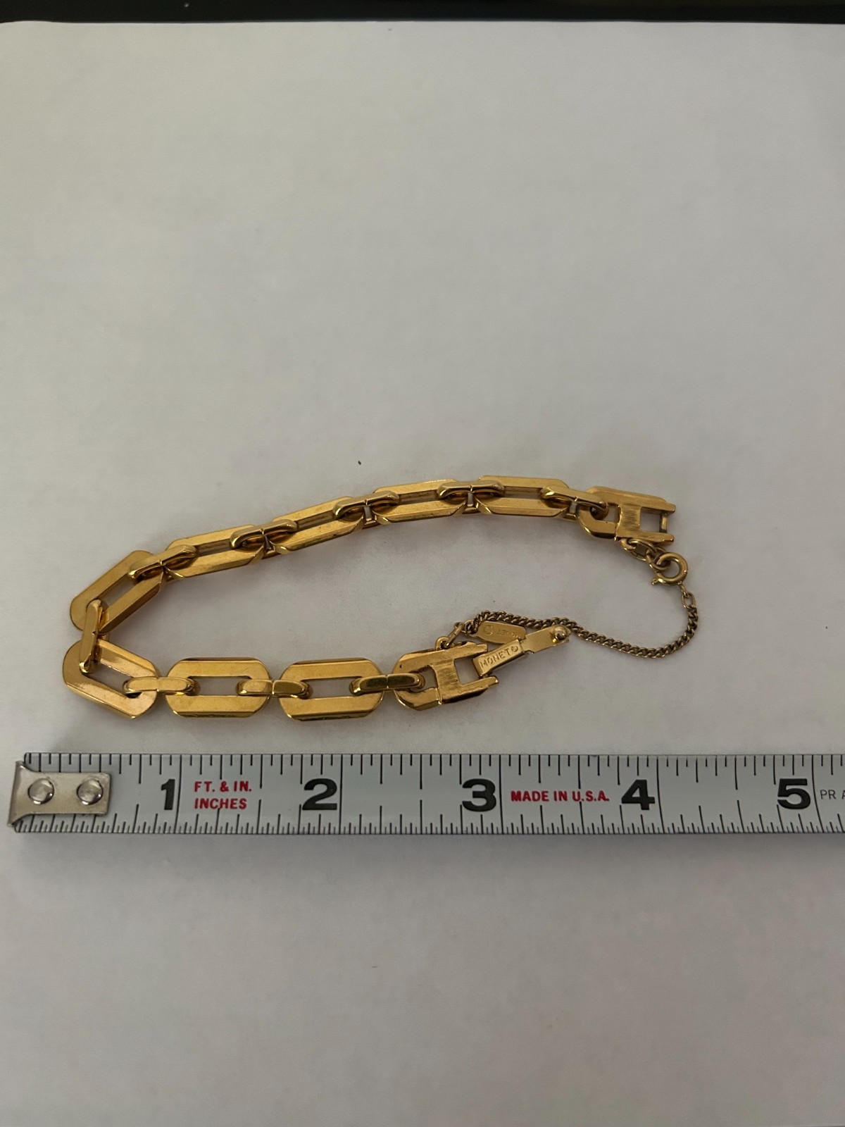 Vintage Monet Gold Tone Geometric Link Bracelet with Safety Chain 7″ and Tag