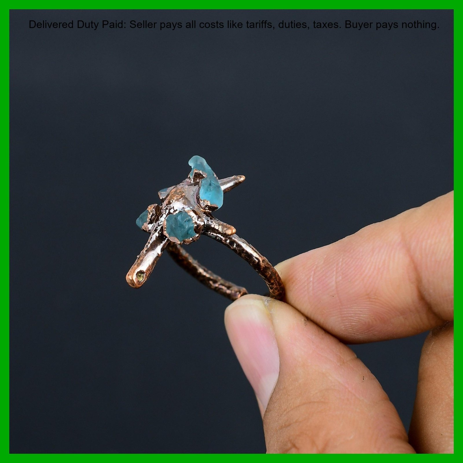 Pentagon Aquamarine Rough Stone New Electroformed Engagement Ring Jewelry Copper