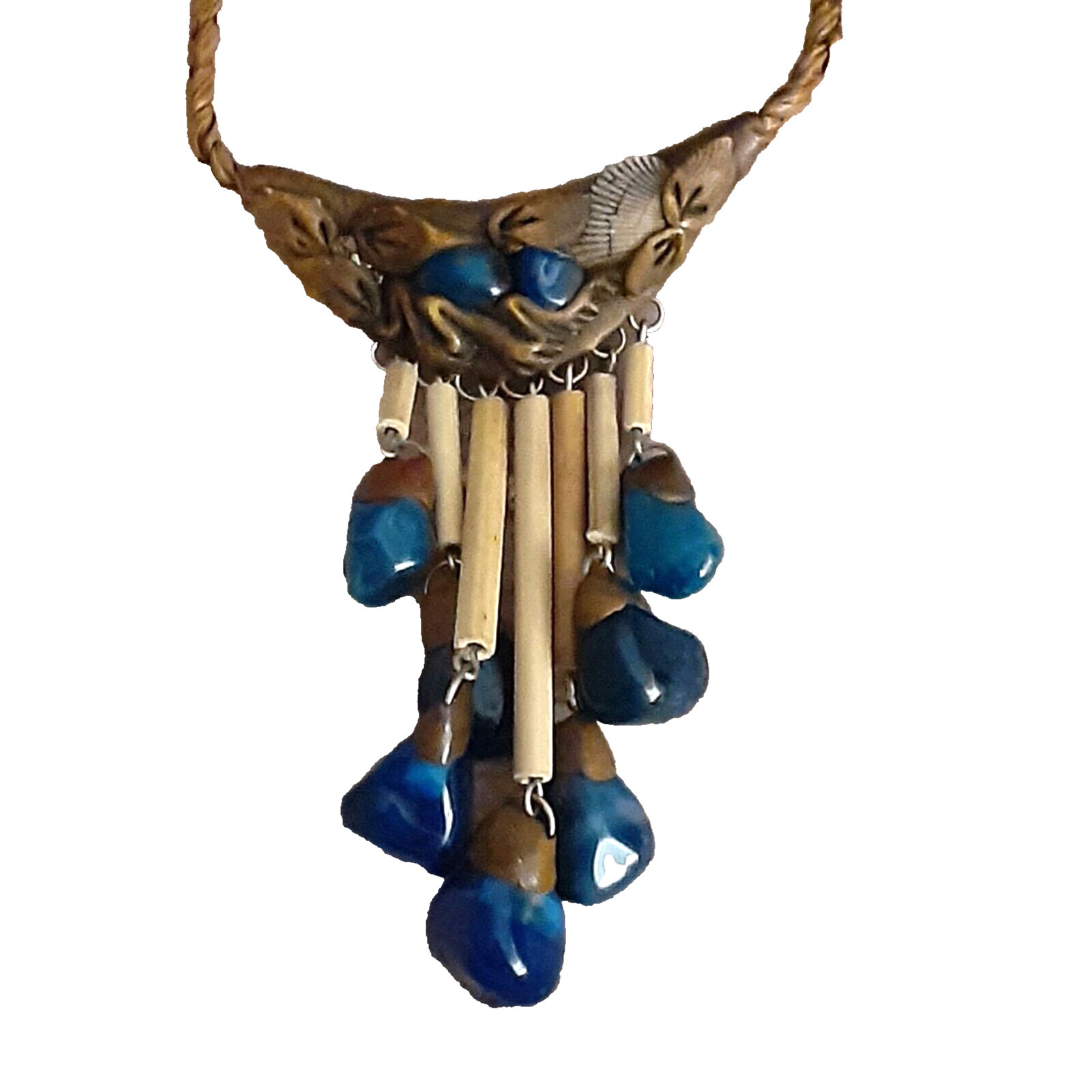 Artisan crafted ethnic wearable art necklace leather wood bone shells stones 20″
