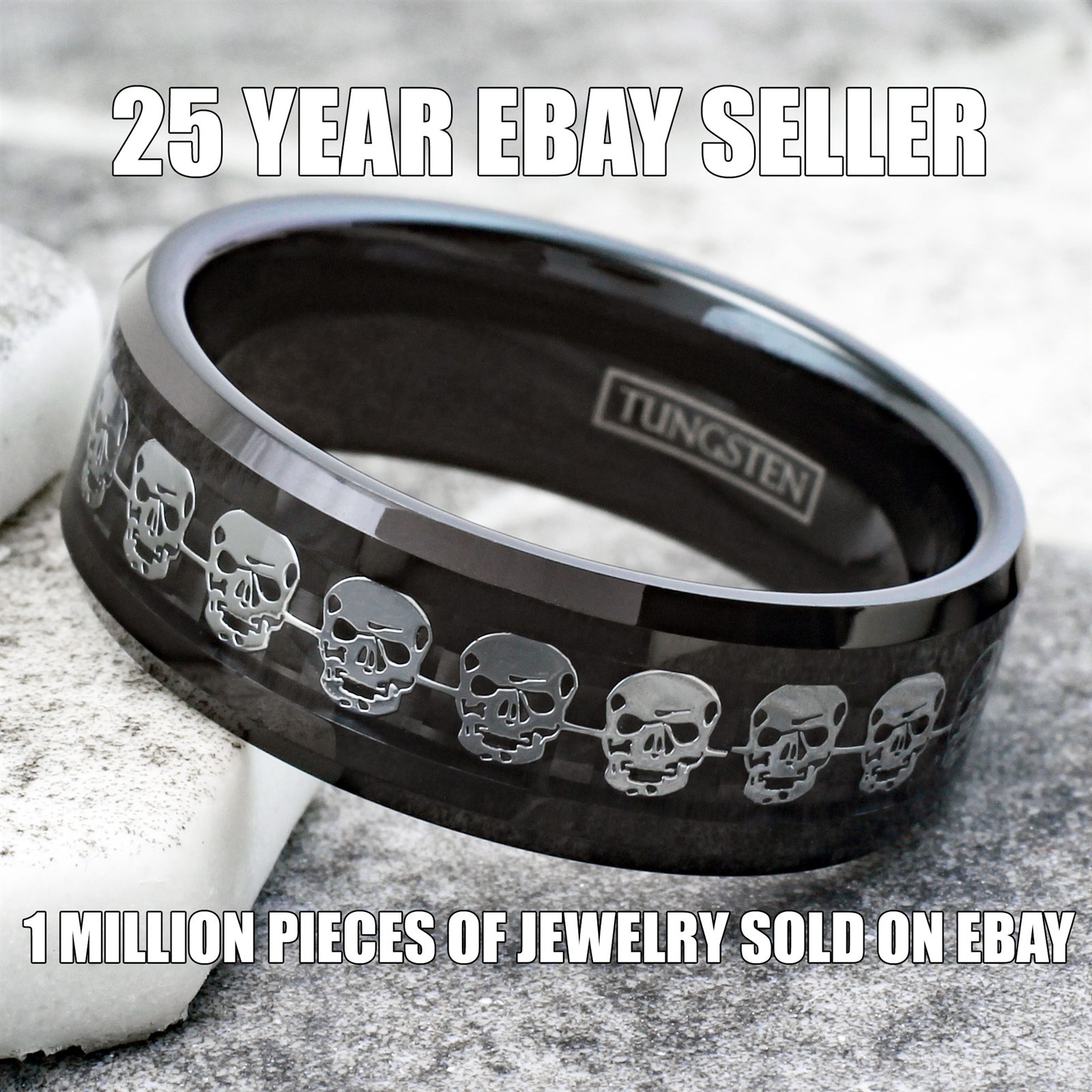 Black Tungsten Carbide Men’s Silver Skull over Carbon Fiber Wedding Band Ring