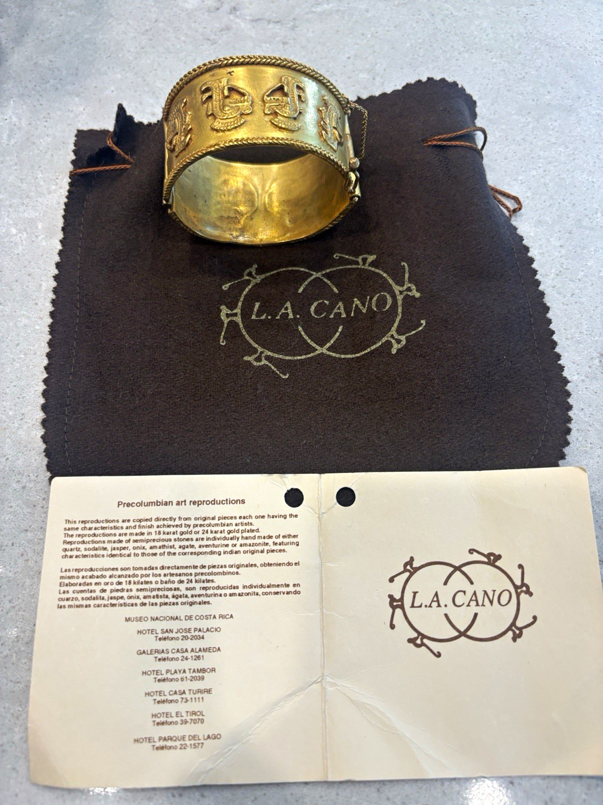 L.A. CANO Pre Colombian Vintage Gold Plated Cuff Bracelet w/Certificate