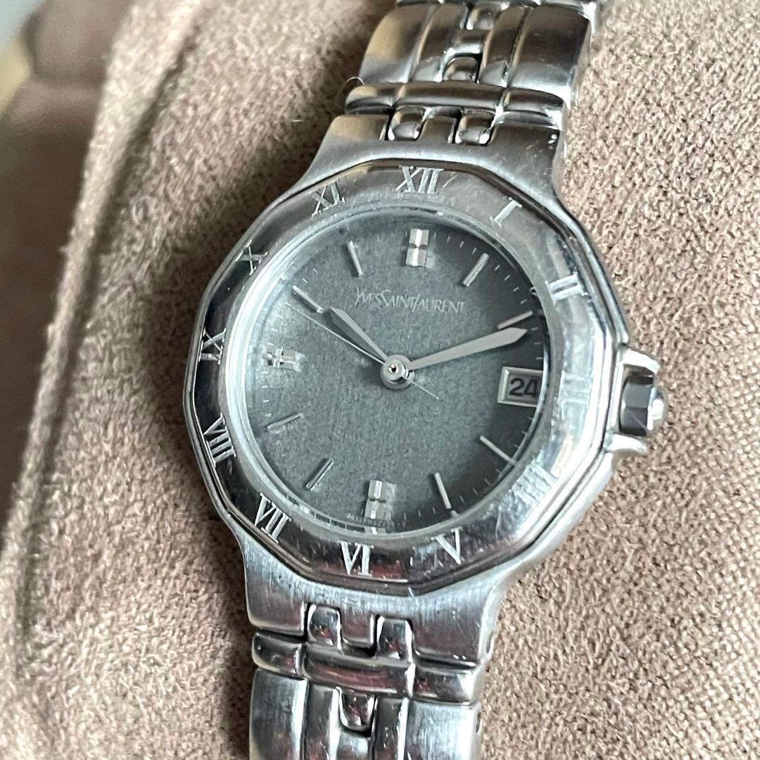 Yves Saint Laurent Date Watch Gray Dial Quartz Silver 24.7mm Working Ladies
