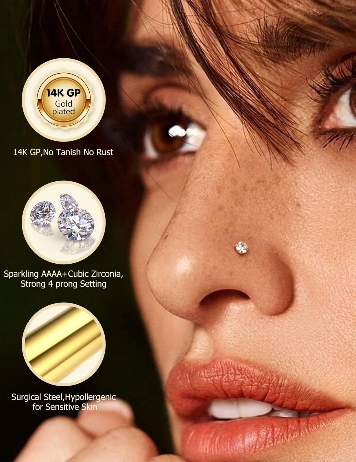 FIBO STEEL 18g Nose Rings Hoops Studs – 18G(1mm), 14K Gold Plated