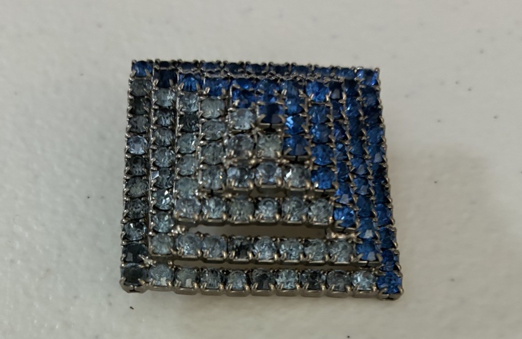 Vintage Dimensional Pyramid Brooch Two-Tone Cobalt Blue Rhinestones