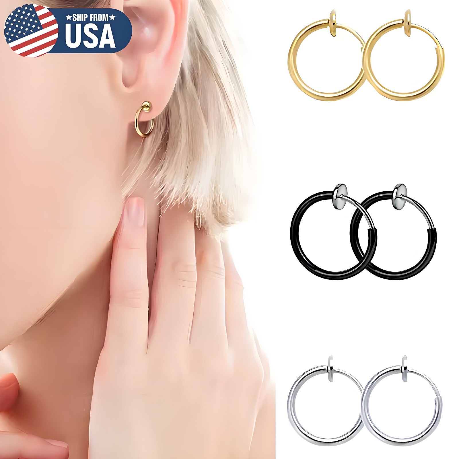 Women Clip On Hoop Earrings Stainless Steel Clip On Earrings Non-Pierced 1-3Pair