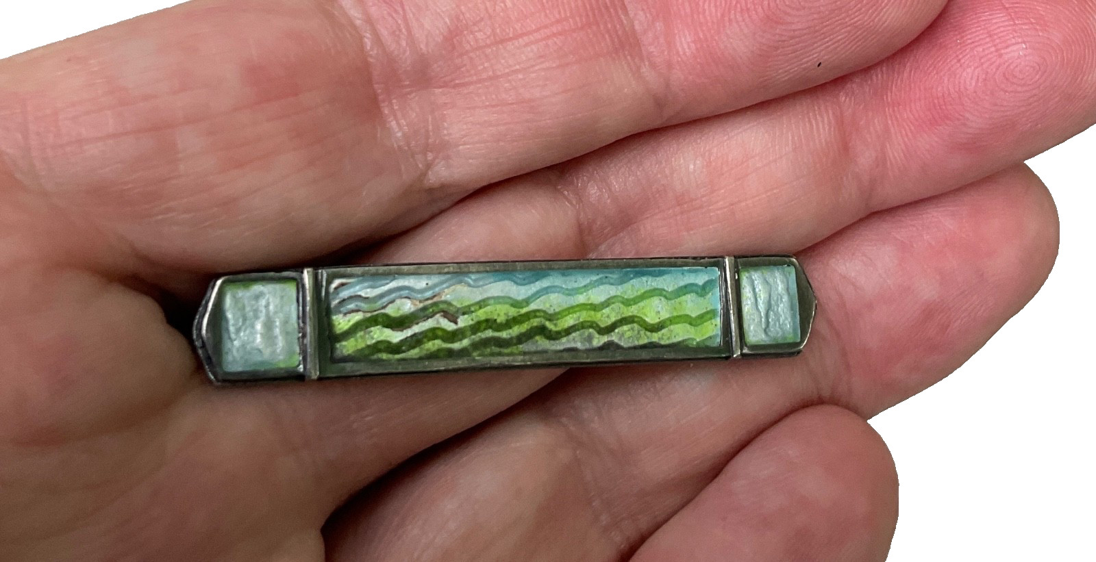 Carly Wright Sterling Silver Enamel Green Wave Landscape Bar Pin Brooch Signed