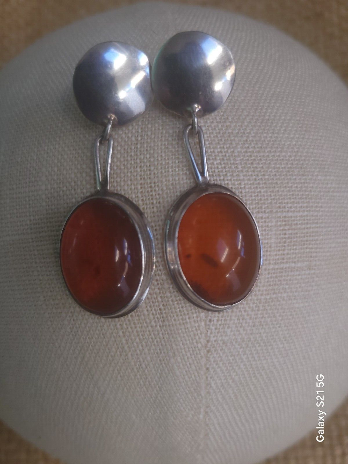Susan Cummings 2″ Pierced Earrings Modern Silver & Amber McClure’s Nashville Tn