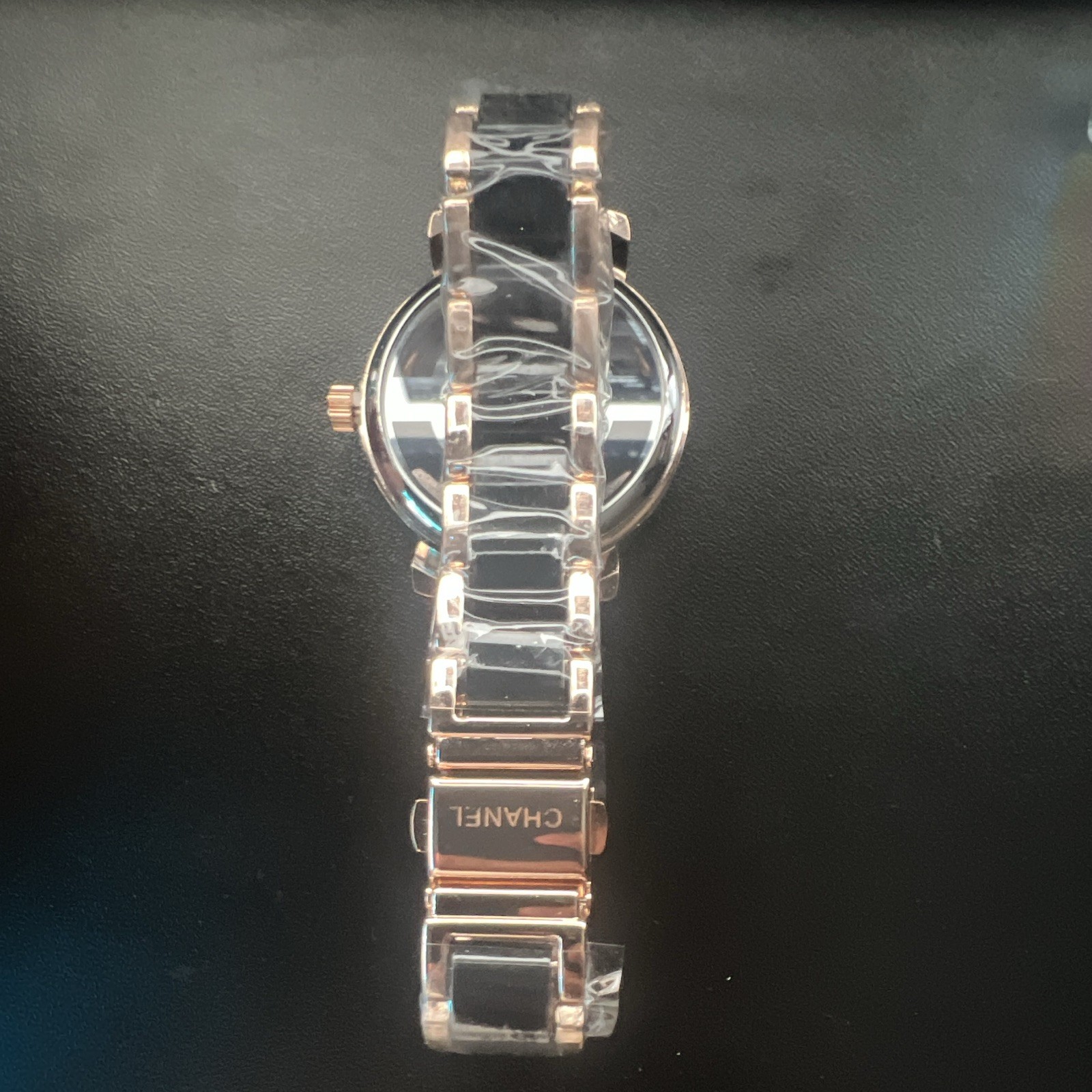 CHANEL Women’s Quartz Analog Watch Black Logo Dial Rose Gold Bracelet