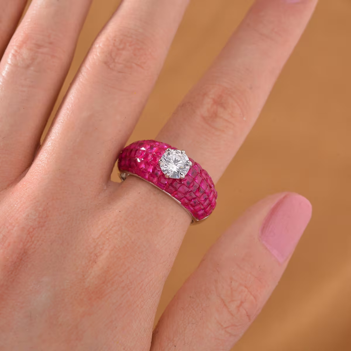 Simulated White and Ruby Color Diamond Dome Ring in Rhodium Over Sterling Sz 8