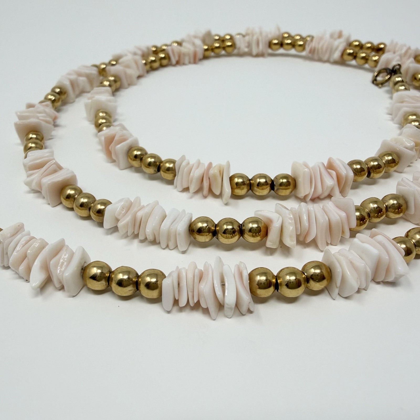 Long Beautiful Vintage Puka Shell and Gold Bead Necklace Marked 1/20 12kt MS CO