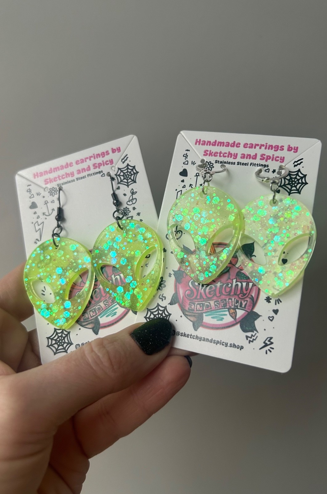 Glow in the Dark Alien Head Earrings – Neon Glitter Resin – Stainless Steel
