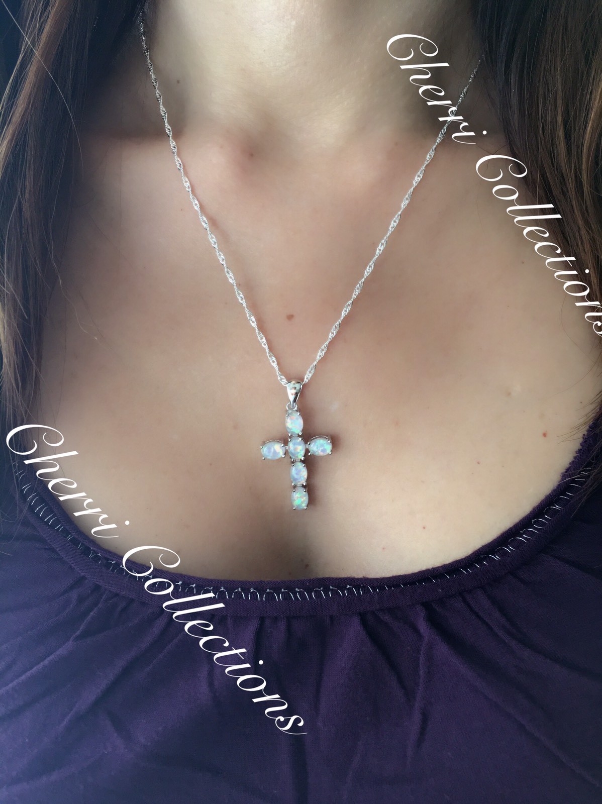 White Fire Opal Oval 925 Sterling Silver Catholic Cross Pendant Necklace 18″ N34