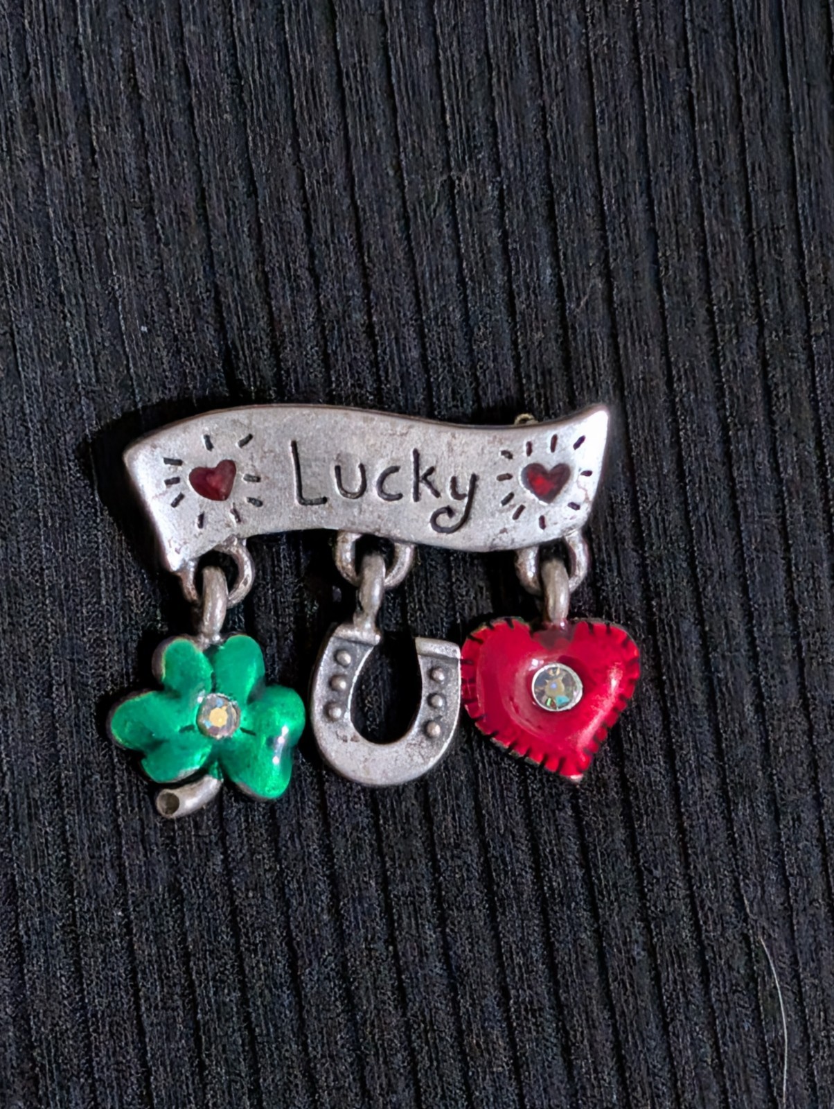 Vintage AJMC Lucky Dangle Brooch Pin Heart Horseshoe Clover Enamel Clear Crystal