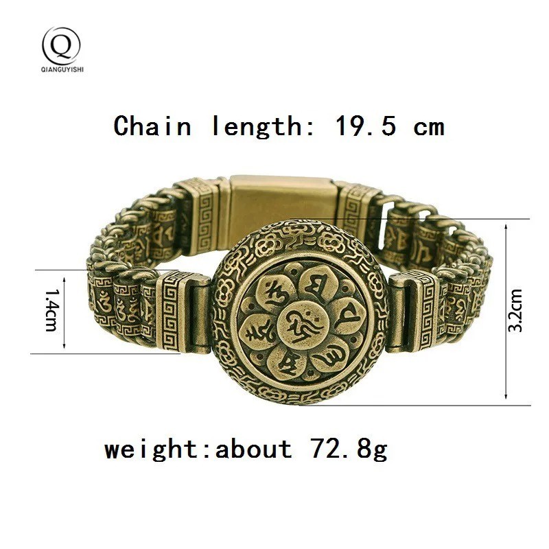 Pure Copper Buddhist Mantra Cuff Bangle Rotating Brass Lucky Bracelet Spiritual