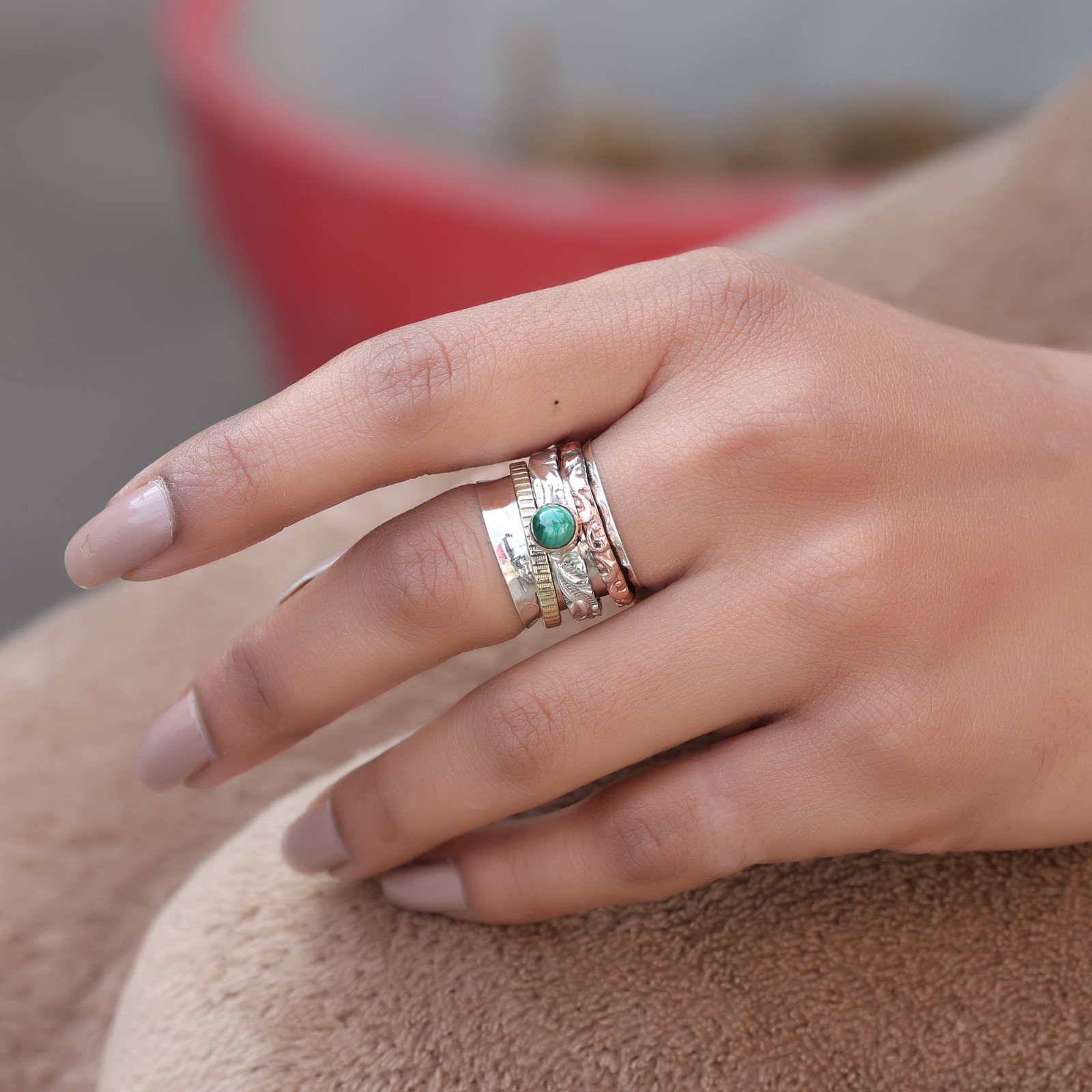 Malachite Gemstone Spinner Ring Handmade Fidget Jewelry ar8956