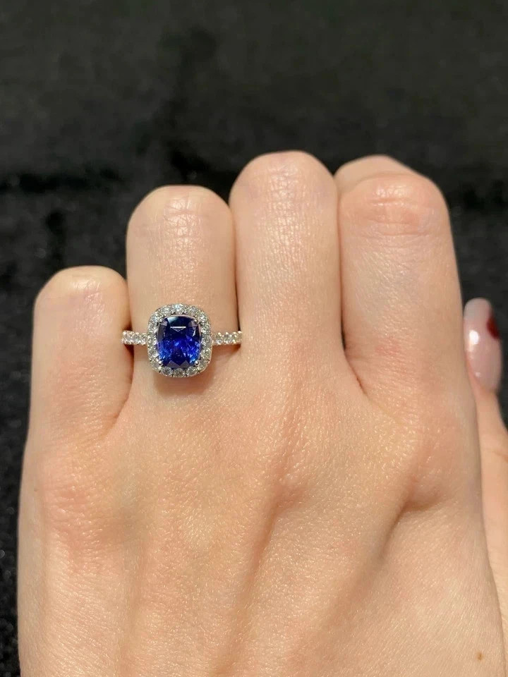 3.00Ct Cushion Cut Natural Sapphire Diamond Wedding Ring 14K White Gold 6 7 8 9