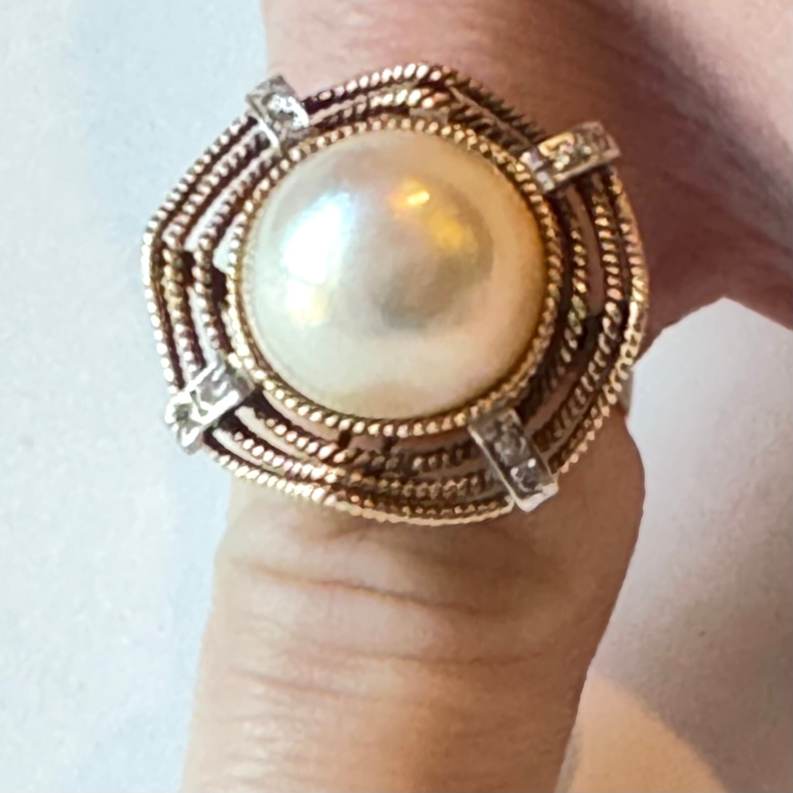 VINTAGE 8 DIAMOND & 12.4MM MABE PEARL 14K GOLD RING