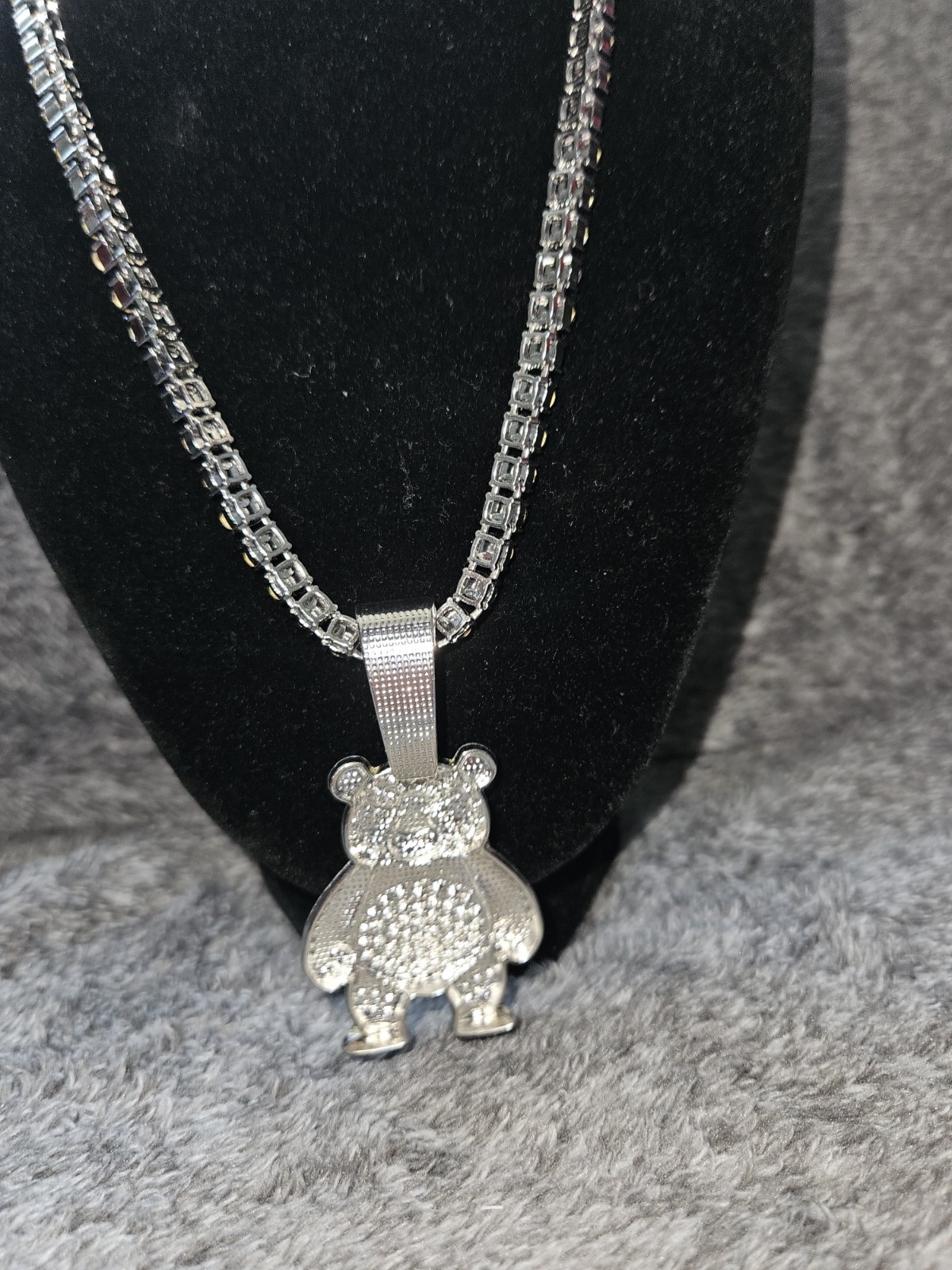 Silver Tone Box Chain Necklace w/ Clear Crystal Pavé Bear Charm Pendant