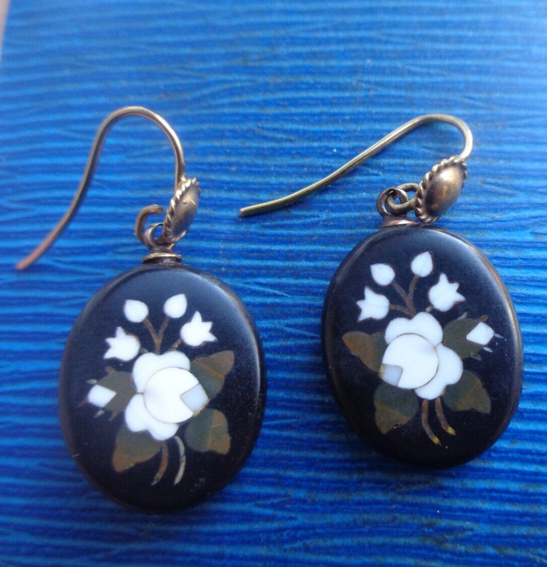 Pietra Dura Mosaic Booch Earrings Set Victorian Antique 15ct Gold Floral c1880s