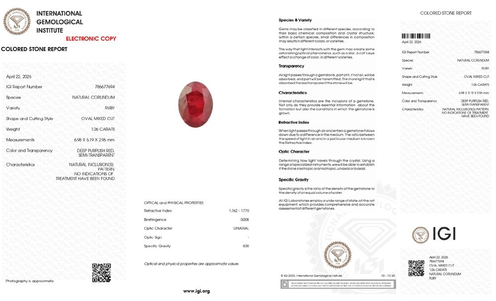 1.06 Cts Natural Wine Purple Oval Cut Un-Heated IGI Certified Mozambique Ruby