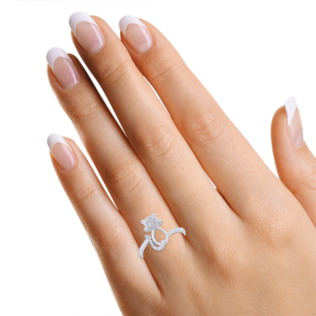 0.05 Ct Natural Diamond Accent Cat Fashion Ring 14k Gold Plated Silver