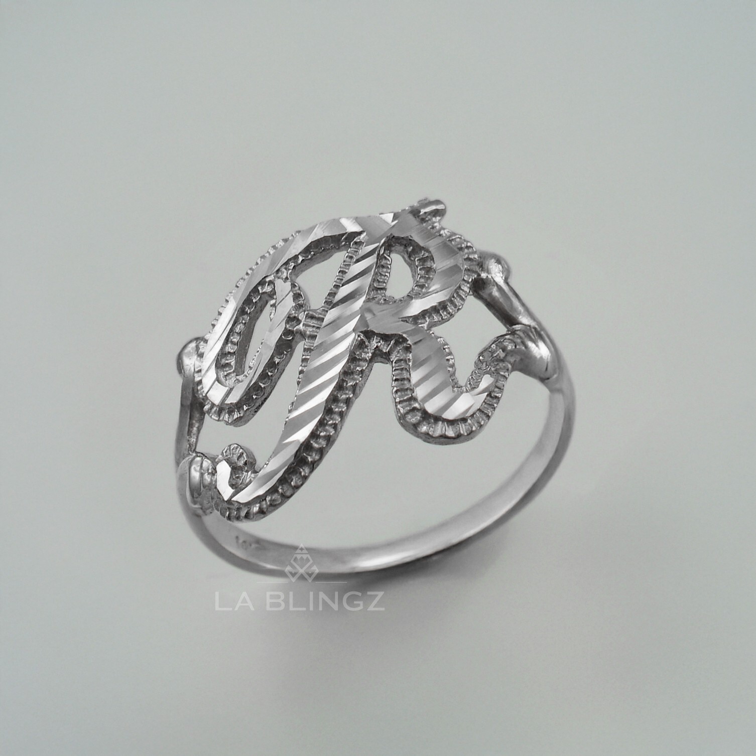 Elegant Sterling Silver Sparkle-Cut Cursive Letter Initial Script Ring for Women