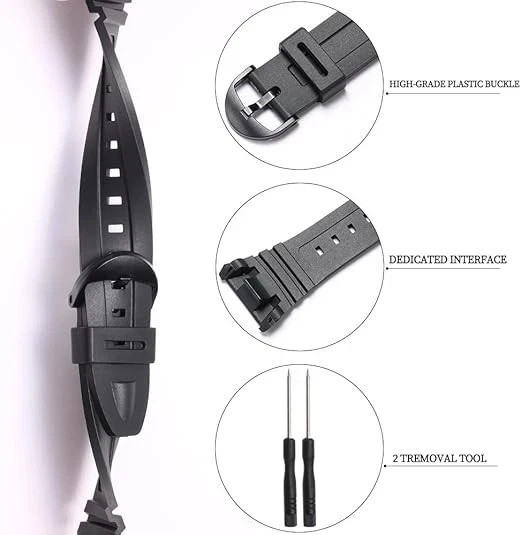 Resin Replacement Watch Band Compatible with Casio W-96H Mens Black Resin Strap