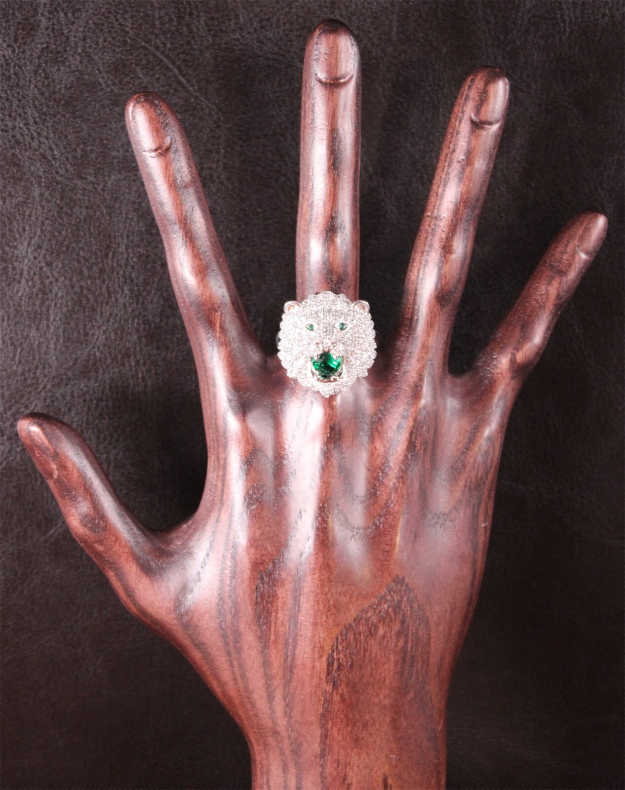 Fuzion Creations Green & White Crystal Lion Head Ring Sterling Silver Size 12