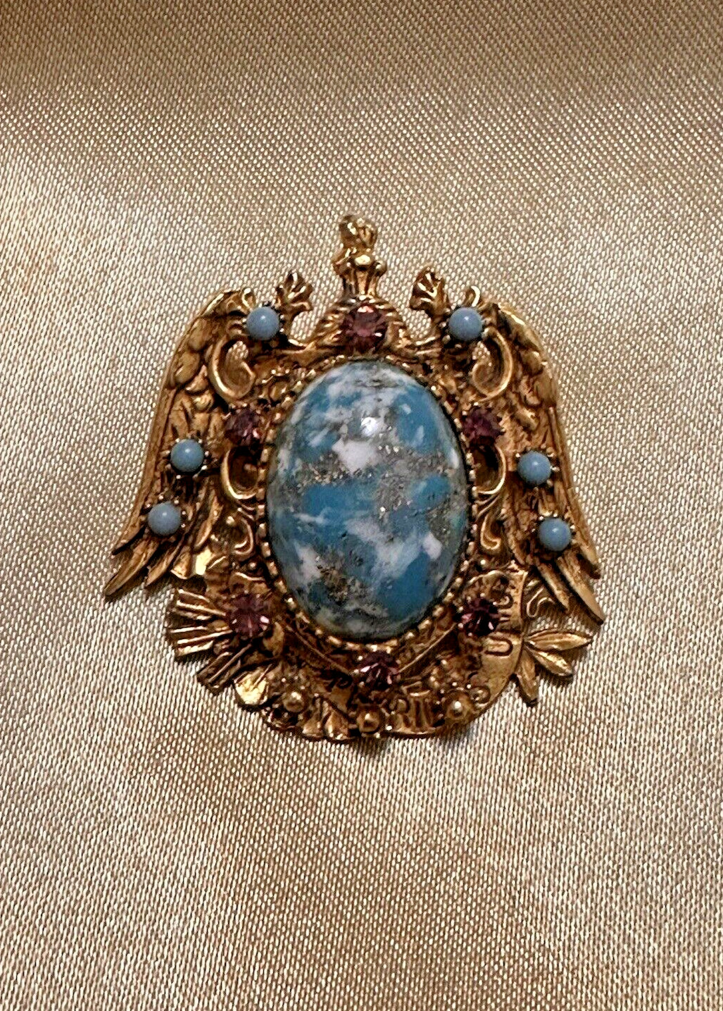 Vintage Florenza Faux Turquoise Cabochon Rhinestone Gold Tone Brooch Pendant