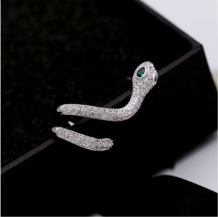18k white gold CZ snake green eyes single left earring ear cuff climber Box PE37