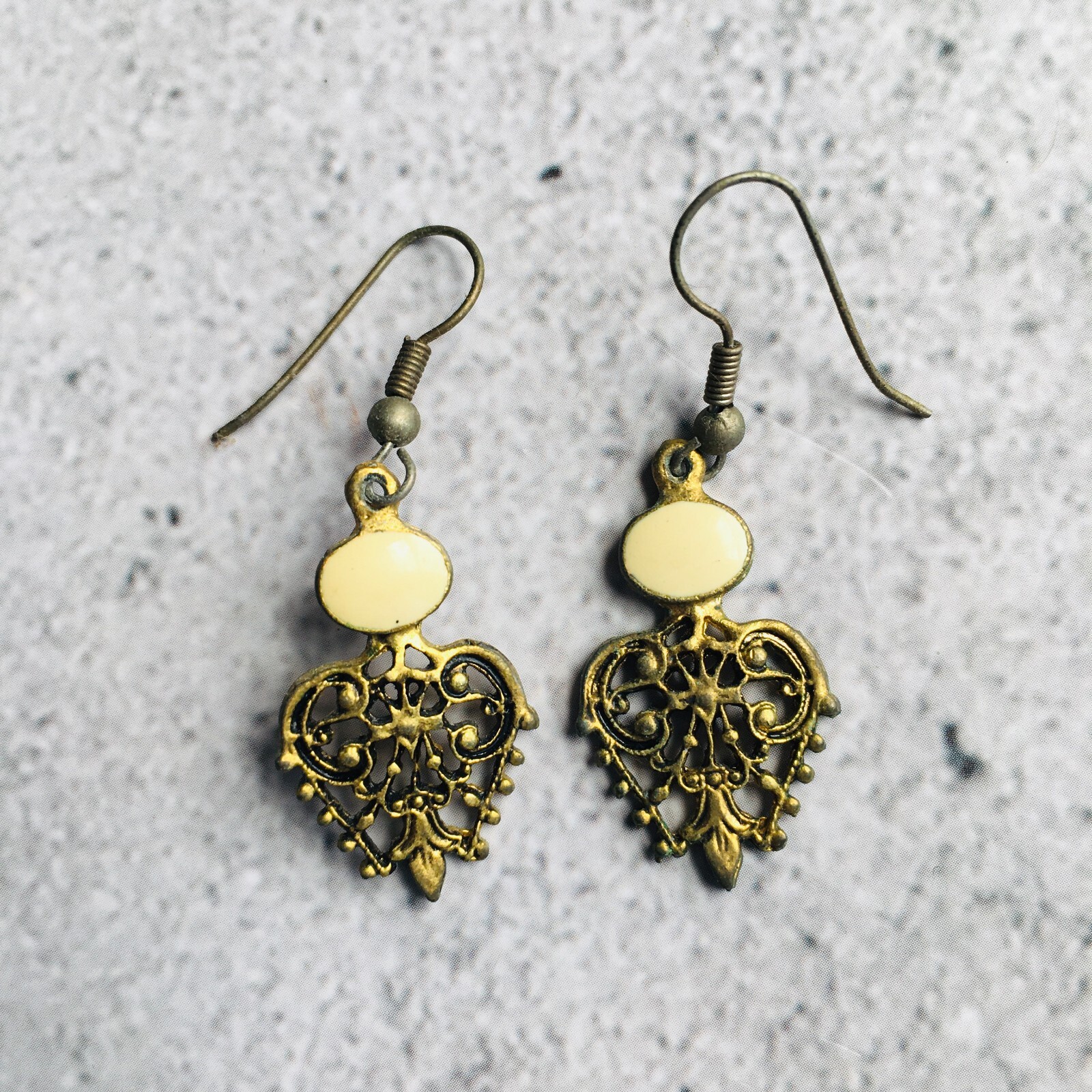 Ornate Metal and Enamel Vintage Dangle Pierced Earring 1.5″