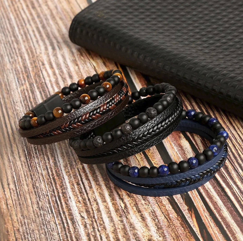 1pc Men Leather Tiger Eye Beaded Bracelet Multi Layer Wrap Style – NEW