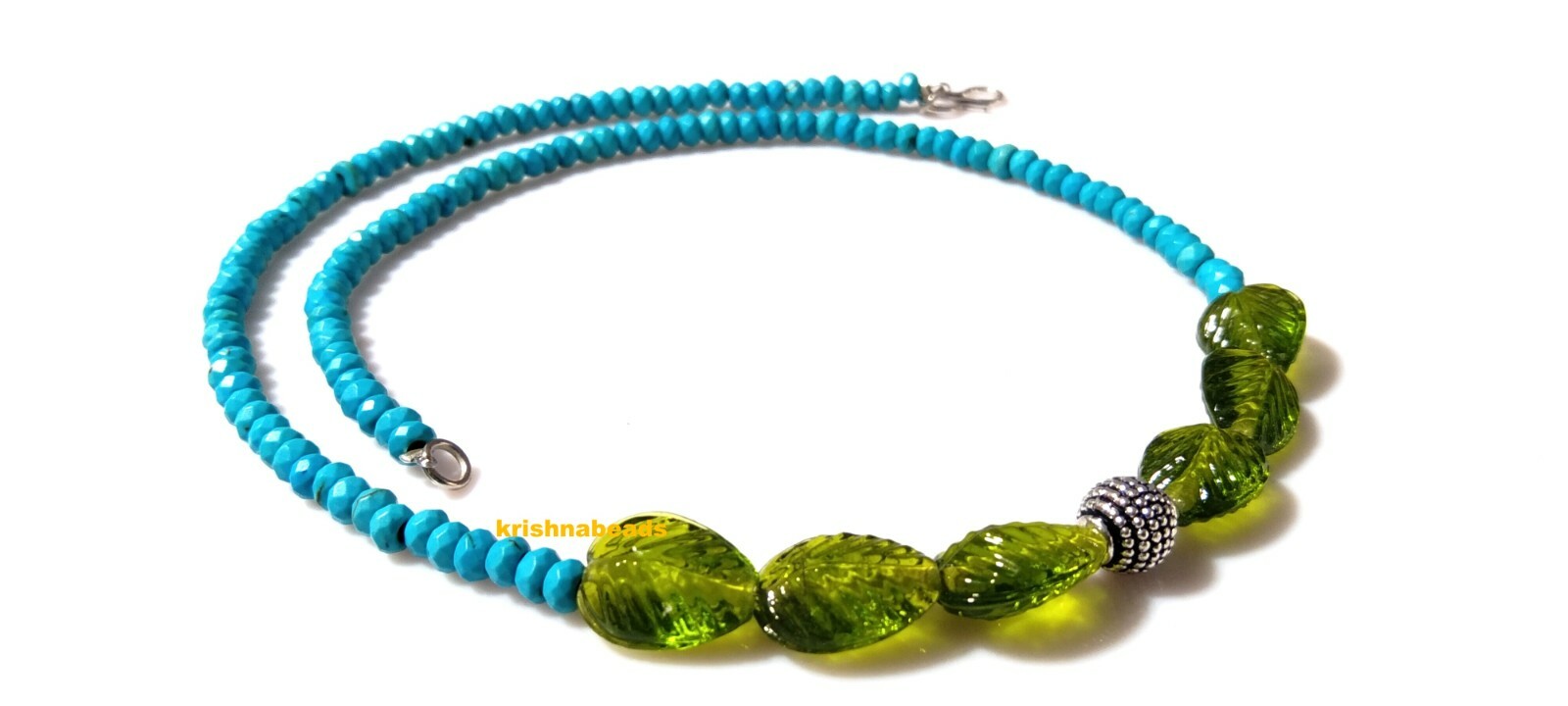 Turquoise with Peridot Hydro Pear Leaf Carved 11X14mm 18″ Inch Necklace