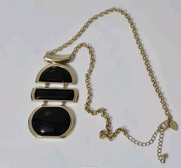 Chicos Gold Black Enamel Statement Necklace Geometric Bib Pendant Rolo Chain 24″
