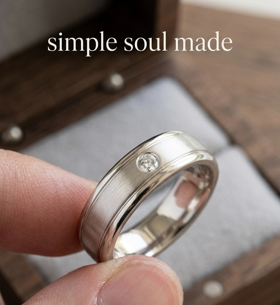 Mens 925 Silver Moissanite Wedding Band Brushed Center Ring Grooved Edge