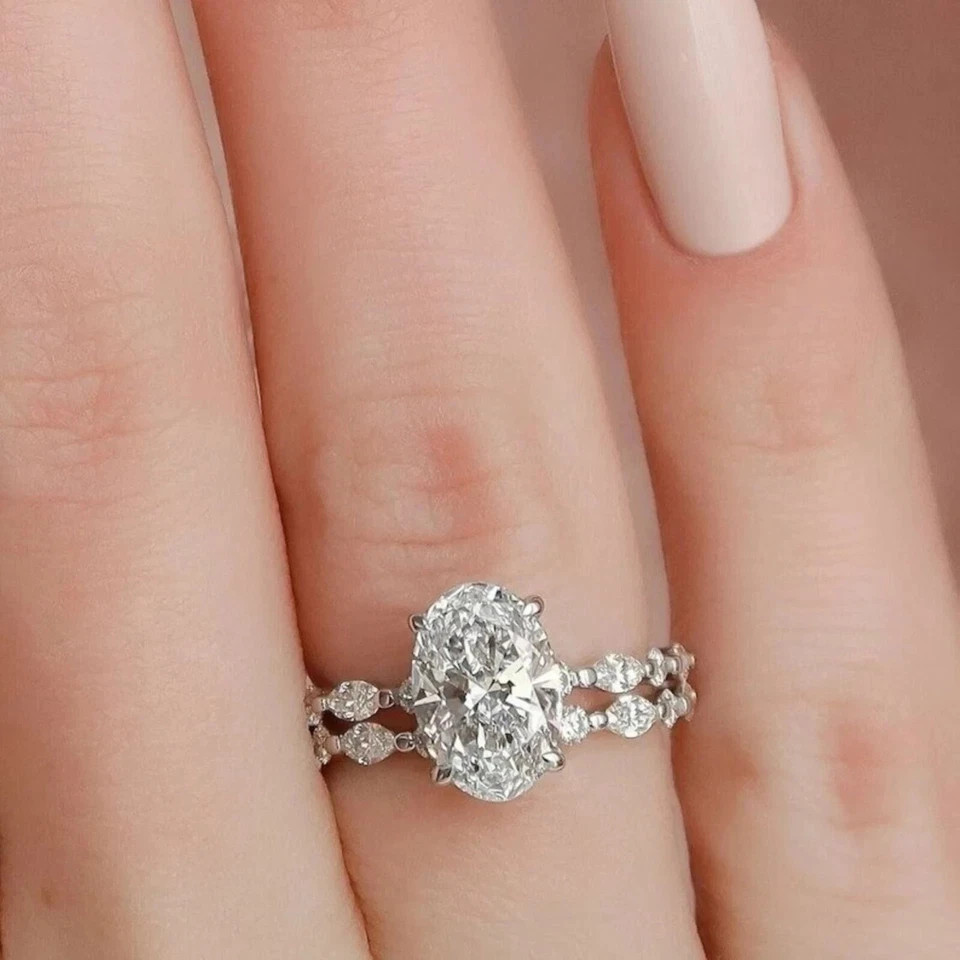 2.80Ctw Oval Cut Moissanite Bridal Engagement Ring Sets 14K White Gold Plated