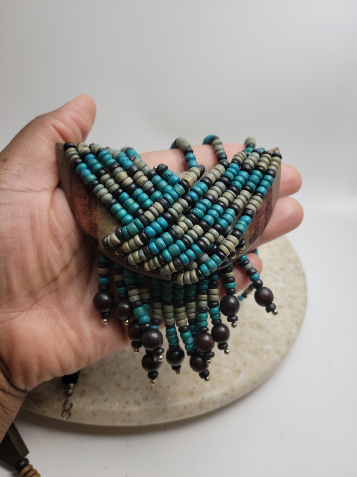 Vintage Tribal Multi Strand Wood Bead Fringe Bib Necklace Turquoise Black Boho