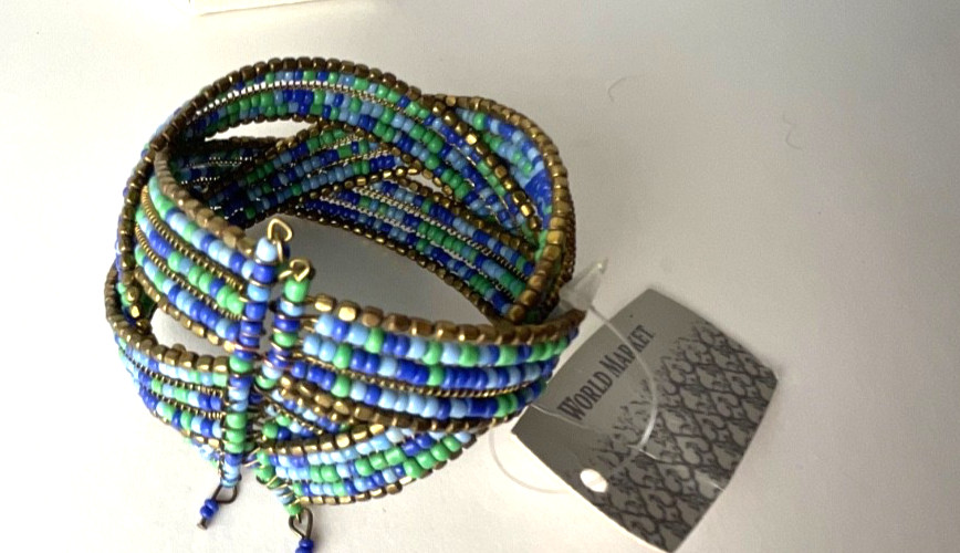 World Market Bohemian Bead Bracelet Blue Brown Green Wire Cuff Brand New