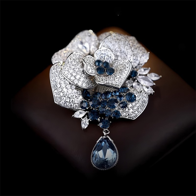 Women Rose Flower Brooch Blue Crystal Rhinestone Pin Elegant Floral Pendant Jewe